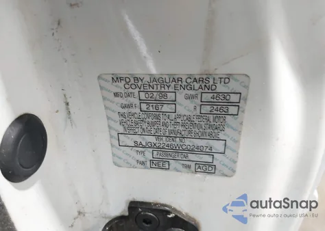 1998 Jaguar Xk8 из США, поврежденный, VIN SAJGX2246WC024074